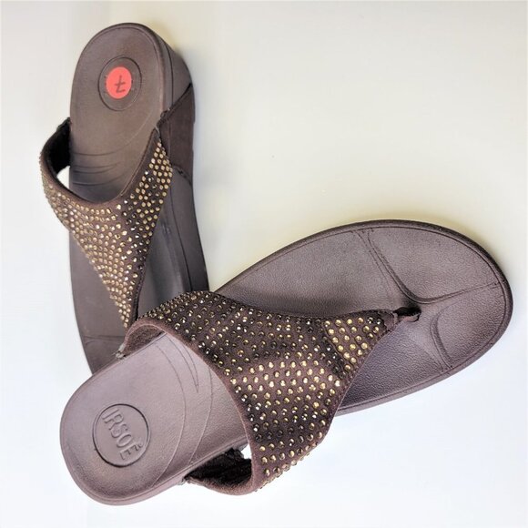 BROWN Gold Crystal Sandals Size 7 Wedge Heel Arch Support Glitter Flip Flops NEW - Picture 3 of 5